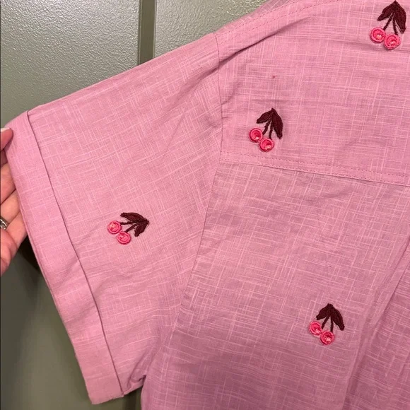 Maeve lilac cherry Embroidered Short-Sleeve Button-Down Shirt - Picture 7 of 11